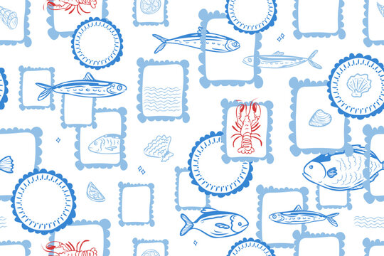 Seamless Mediterranean Seafood Pattern with Fish, Shells, Lobster in Hand Drawn Line Art Style, Nautical Blue and Red Vector Background for Restaurant Menu, Packaging and Textile Design