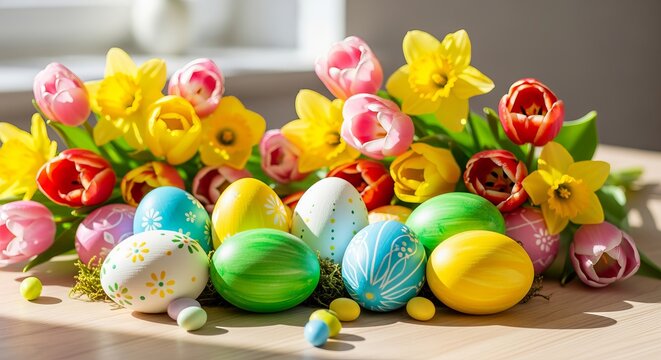 Vibrant Fresh Daffodils and Tulips Enhance Easter Egg Display for a Joyful Spring Celebration
