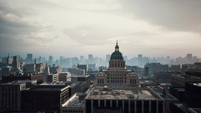 sunlit cityscape capitol dome morning haze, golden light washes over glass towers, commuters stream along avenues, construction cranes punctuate horizon,