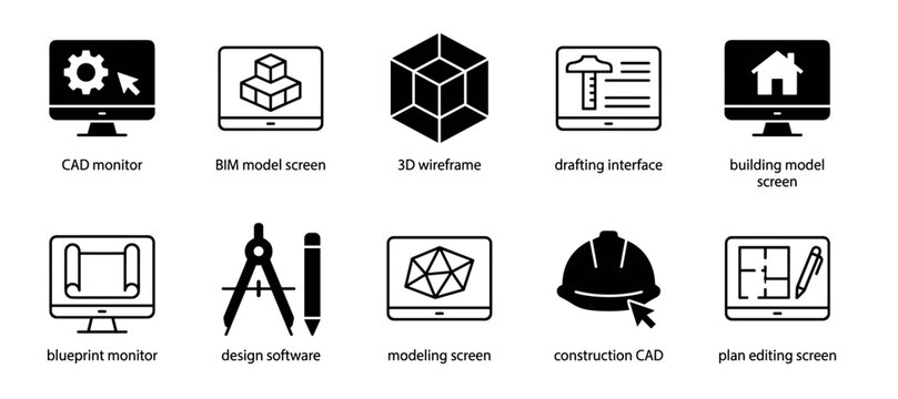 Set of black glyph and line icons representing architecture, engineering, and construction technology, including symbols for CAD, BIM, 3D modeling, blueprints, and drafting software