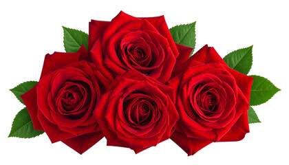 Naklejka premium Four vibrant red roses with green leaves arranged against a black background