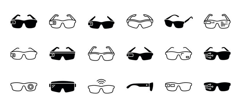 Smart glasses icon set featuring various designs of wearable technology in both glyph and line art styles for augmented and virtual reality concepts, showcasing futuristic eyewear with cameras 