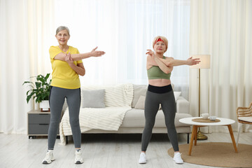 Obraz premium Senior women stretching at home. Fitness and sport