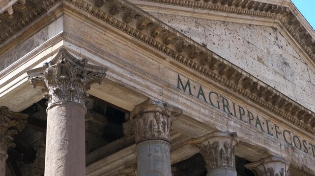 Ancient pantheon temple facade in rome. Majestic view of the pantheon's portico in rome, italy, revealing the ancient roman temple's famous inscription on the frieze and the corinthian columns