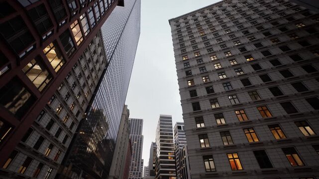 overcast city street framed by towers, stacked modern tower punctuates skyline, mixed brick and glass facades contrast texture, muted daylight softens
