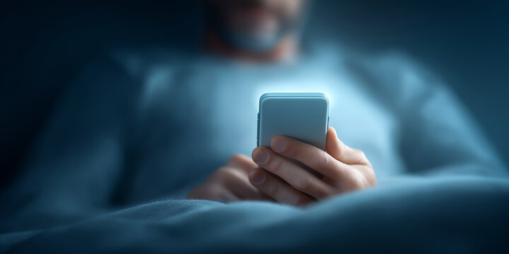 Man using smartphone in dark bed at night