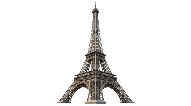 Eiffel Tower isolated on white background, iconic iron lattice landmark of Paris, historic French monument and architectural tourist attraction