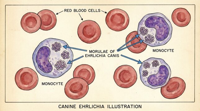 Detailed canine ehrlichia illustration showing monocytes and red blood cells