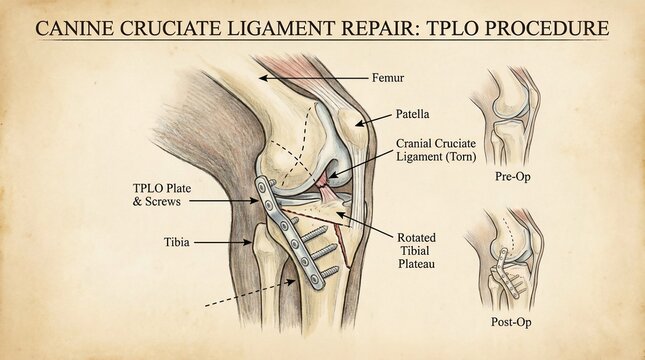 Detailed illustration of canine cruciate ligament repair TPLO procedure