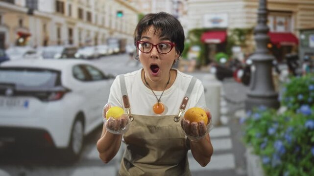 Woman in apron holds two oranges with gloved hands, mouth open in a surprised gasp on a city street near a cafe and parked cars; surprise.