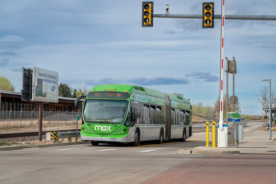 Fort Collins, CO, USA - March 24, 2026:  MAX bus in dedicated corridor. MAX Bus Rapid Transit serves major activity and employment centers throughout Fort Collins including Midtown, CSU and Downtown.