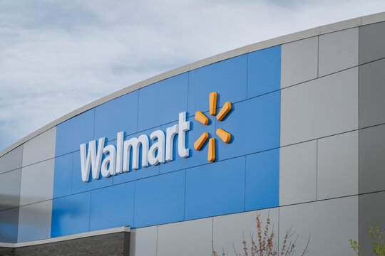 Fort Collins, CO, USA - March 24, 2026: Entrance sign for Walmart, American multinational retail corporation that operates a chain of hypermarkets, discount department stores, and grocery stores.