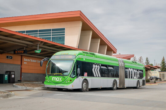 Fort Collins, CO, USA - March 24, 2026:  MAX bus at terminal. MAX Bus Rapid Transit serves major activity and employment centers throughout Fort Collins including Midtown, CSU and Downtown.