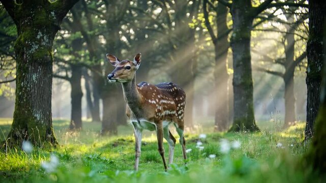 Spotted fallow deer standing in a green forest. Sunlight rays shining through the trees in the morning. Wildlife grazing in natural woodland habitat