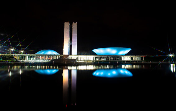 Brasilia df, brazil, September 7, 2025. Modern illuminated building with reflection at night congresso nacional