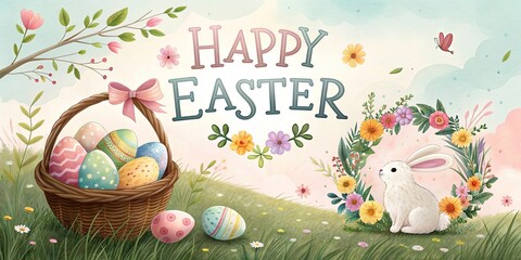 Fototapeta premium Happy Easter greeting card with cute bunnies colorful egg spring meadow joy.