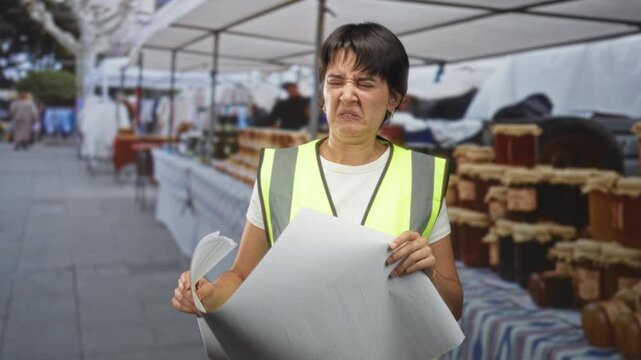Woman grimaces while holding large rolled blueprints and flipping pages at a street market stall in a hi vis vest appearing displeased with display; disgust frustration.