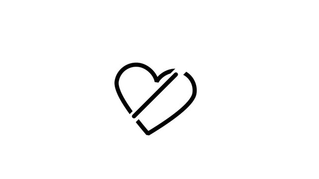 Heart with diagonal line icon animation for unlike remove from favorites or ending digital subscription status.