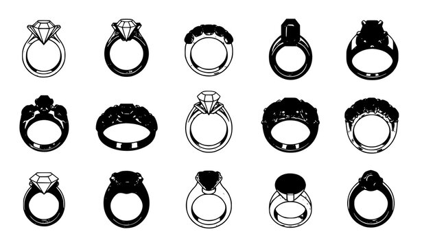 Cartoon gold and silver rings with gemstones jewelry vector set isolated on white
