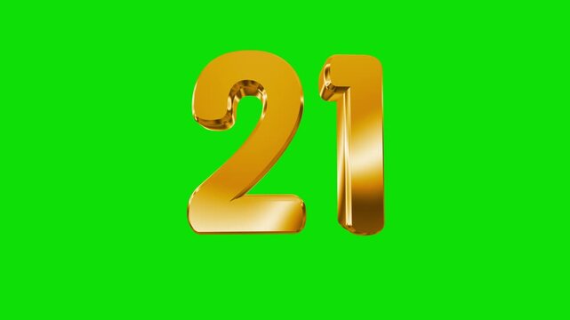 3D Gold Number 21 Animation on Green Screen Background Loop Chroma Key