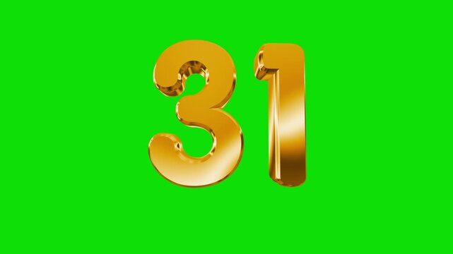 3D Gold Number 31 Animation loop on Green Screen Background