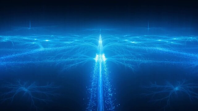 Glowing blue light beams radiate outward in a dark abstract environment.