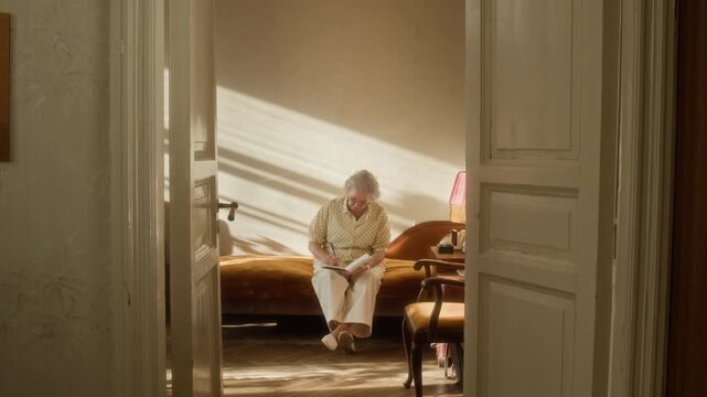 Wide angle shot of elderly woman sitting on bed writing reminders in notebook while organizing daily tasks in sunlit bedroom