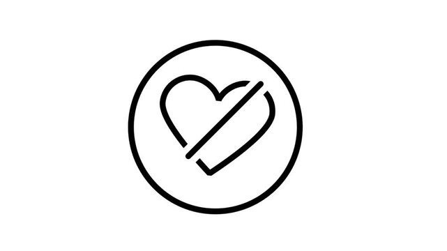 Heart with slash inside circle line icon animation for social media dislike or privacy block settings.