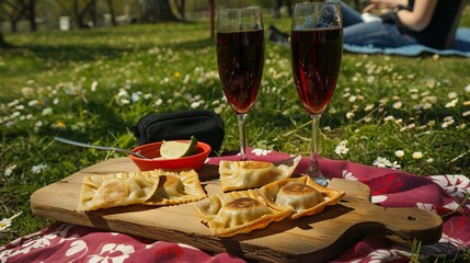 Fototapeta premium Picnic scene with wine glasses, empanadas, lime, and a bag on a wooden board