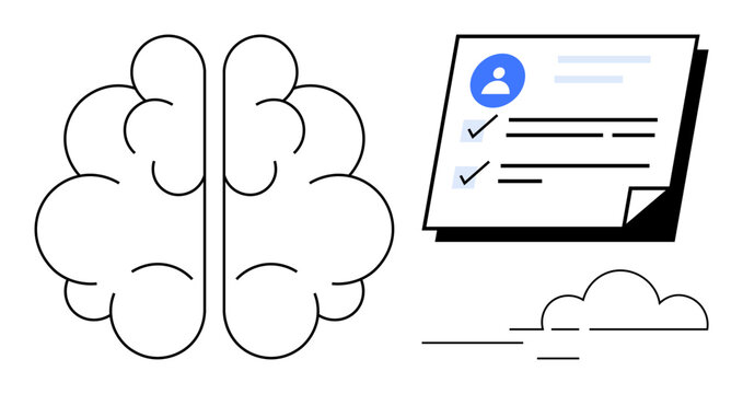 Brain next to a profile checklist with blue header and checkmarks, surrounded by lines and abstract shapes. Ideal for creativity, learning, focus, planning, productivity, problem-solving, simple flat
