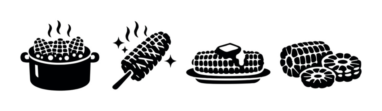 Prepared corn dishes showing boiling grilling and buttered corn