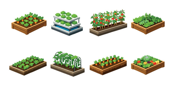 Raised beds and hydroponic stack growing vegetables on green backdrop