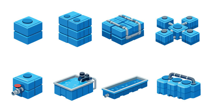 Modular blue water storage blocks and interconnected pools on dark background