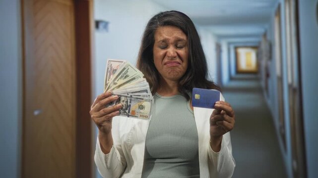 Woman holds fan of dollars in one hand and a creditcard in the other in a building hallway showing a pained expression; financial frustration.