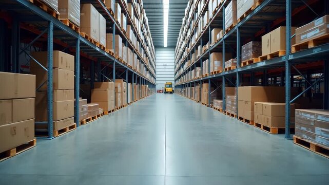 Warehouse interior with rows of cardboard boxes on shelving units and a forklift moving through the aisle. Warehouse setup showcases organized storage environment and efficient logistics.
