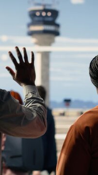 Vertical Video Waving goodbye at airport, sad mother and father, daughter studying abroad, traveling alone and boarding at terminal gate. Supportive parents bid farewell to solo traveler girl student.