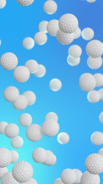 White golf balls falling in vertical seamless loop on blue background. Clean sports animation for mobile use.