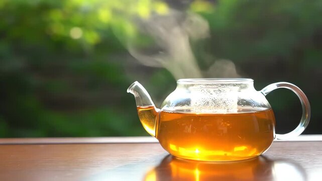 A clear glass teapot filled with a golden liquid, likely tea, sits on a wooden surface with a blurred green background. Steam rises