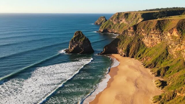 Scenic Coastal Cliffs Meet Ocean Waves on Sandy Beach.