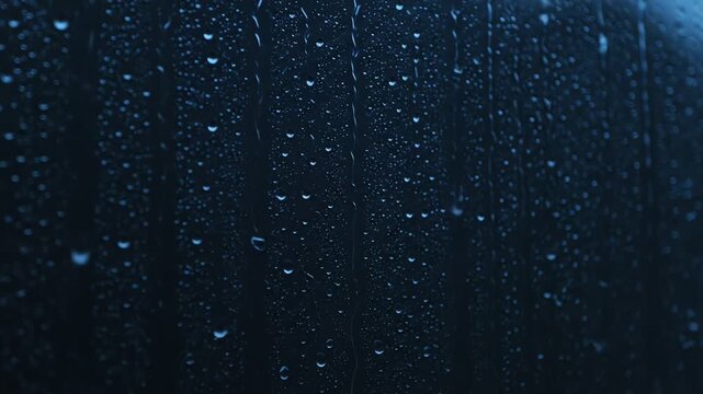A close-up shot of a glass surface covered in raindrops and streaks. The background is a soft, deep-blue, creating a moody, atmospheric feel