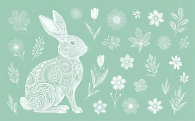 Obraz premium A decorative rabbit with floral patterns sits amidst delicate white