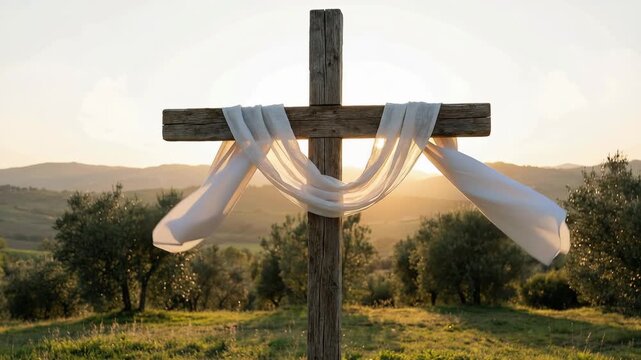 Wooden cross draped with white cloth in cinematic realism style, warm golden tones, representing Good Friday and resurrection