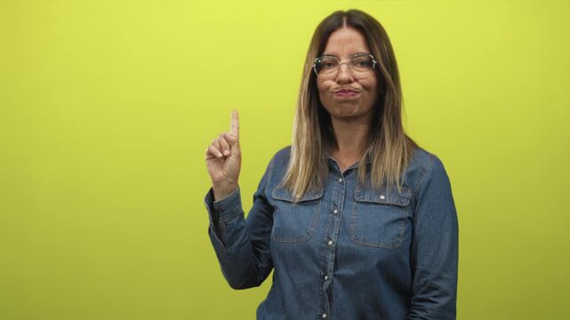 Woman wearing glasses pointing finger to the left in a green studio with denim shirt visible and pursed lips expression; skepticism.