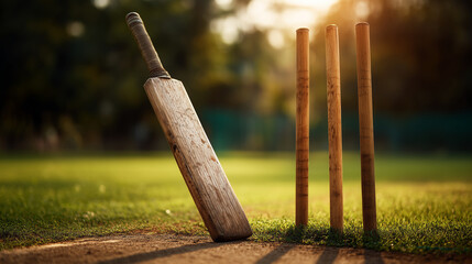 Fototapeta premium A cricket bat resting against the wickets on a grassy field in the warm sunlight of the afternoon
