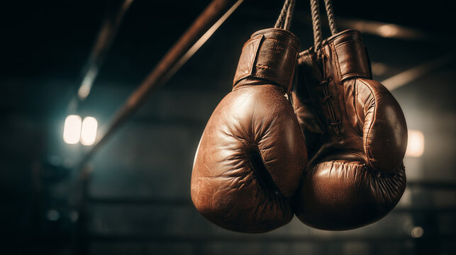 A pair of vintage brown leather boxing gloves hanging in a dimly lit boxing ring environment view