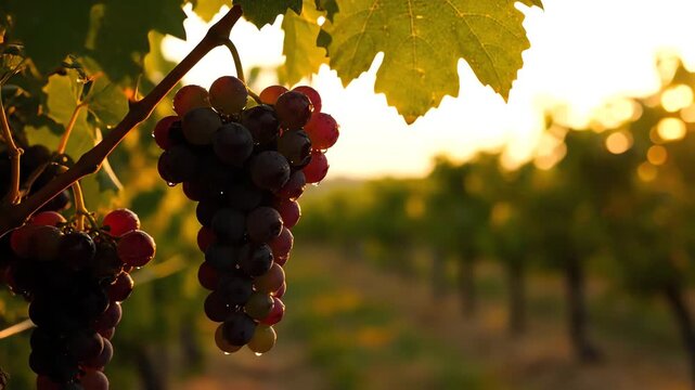 Close-up of a grape vine with ripe clusters, some with droplets. The background is a vineyard bathed in golden light. Bokeh adds depth