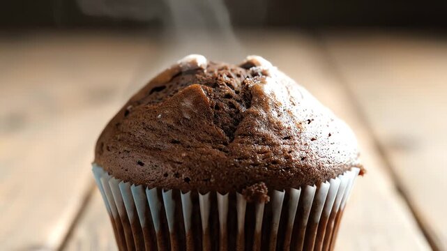 Close-up of a warm, freshly baked, chocolate muffin. Steam rises from its textured surface, revealing a fluffy interior. It sits on a wooden surface
