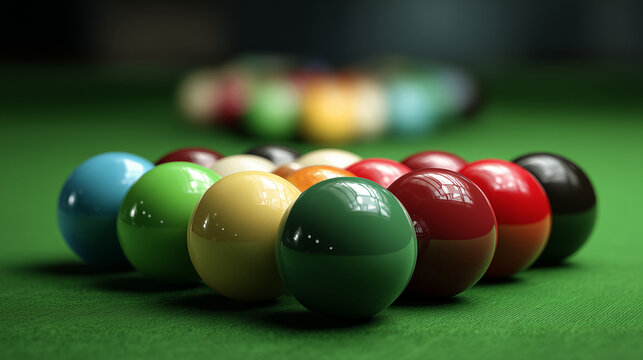 Close up of a racked set of pool balls on a green felt pool table ready for a game to begin