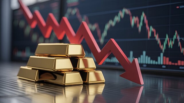 Digital financial interface with gold bars and sharp red declining chart representing automated trading loss and real time gold market crash during global economic uncertainty and risk