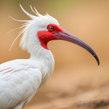 Japanese Crested Ibis (Toki) Wide View &ndash; Rare Endangered Bird Illustration on White